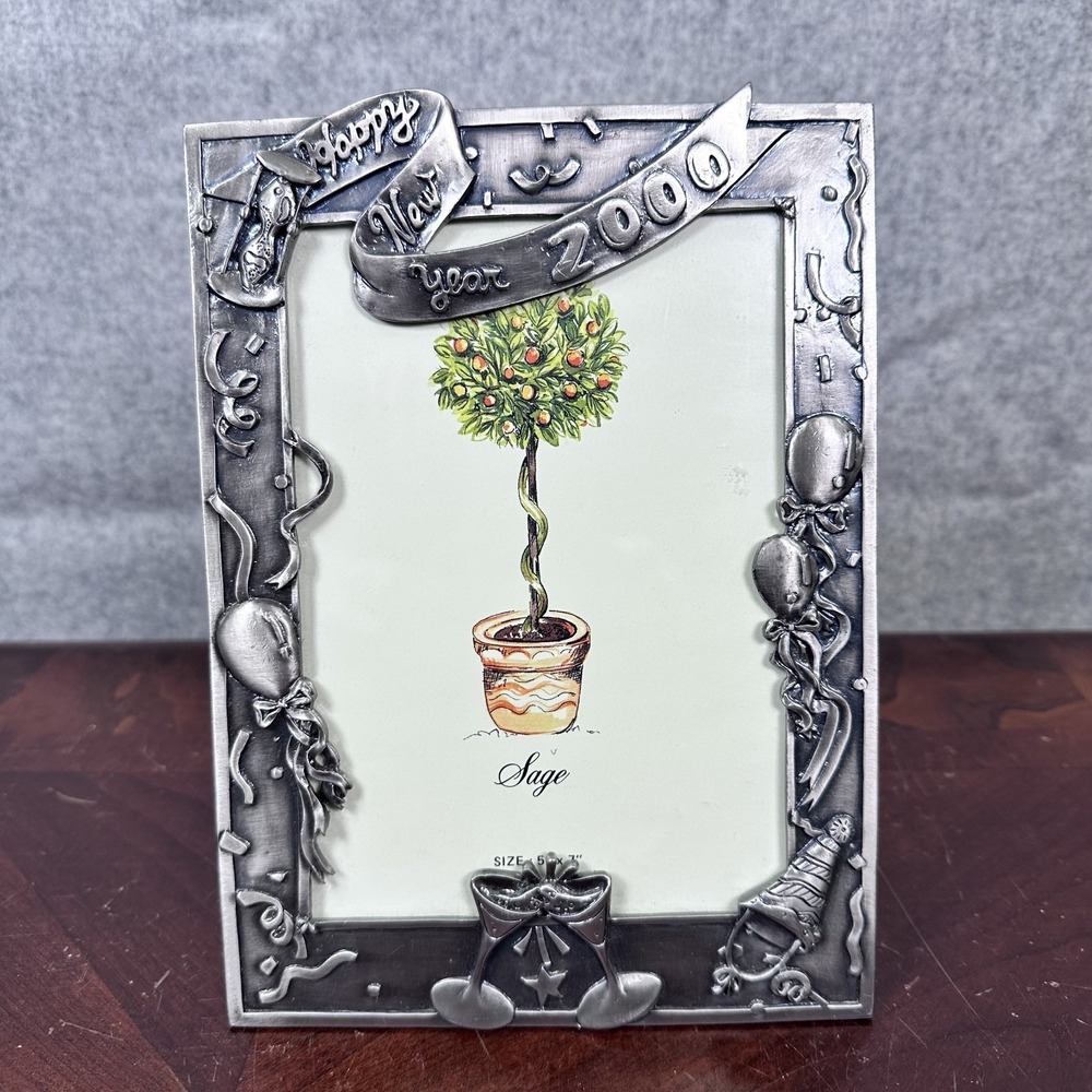 Vintage 2000 Year Picture Frame Silver Tone Rectangle Tabletop Y2K New Year 5x7